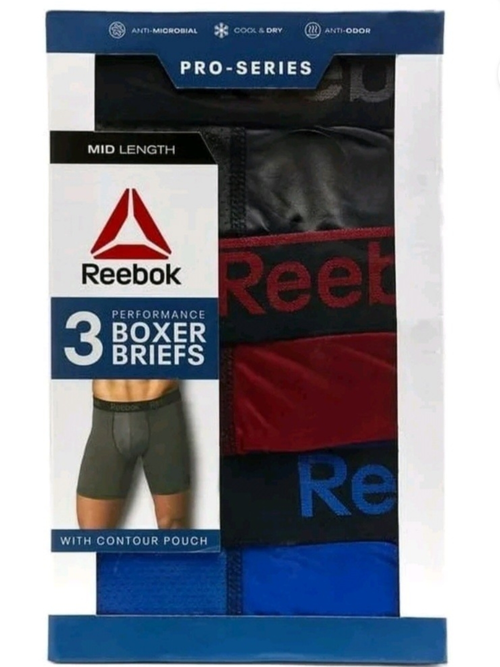Reebok Pro-Series 3-Pack Mid-Length Boxer Briefs. Sizes Large & 3X. NWT